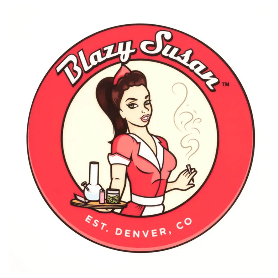 A vintage-style illustration features the Blazy Susan 8" Dab Pads brand logo with a pin-up girl design.