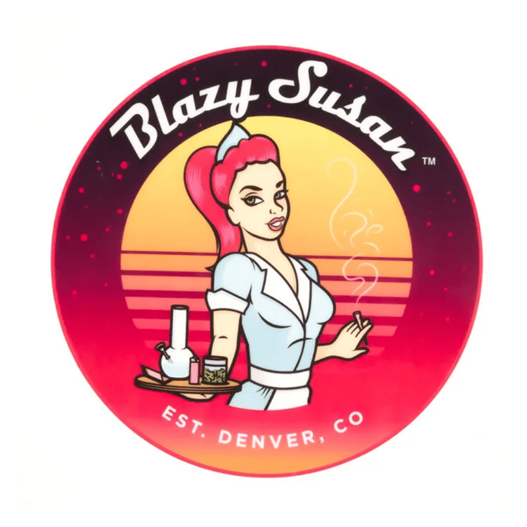 A vintage-style illustration features the Blazy Susan 8" Dab Pads brand with a woman holding a tray of colorful pads.