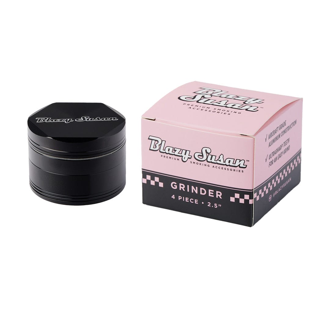 Front view of the Blazy Susan Grinders, a metal grinder with a branded logo, presented on a plain black background.