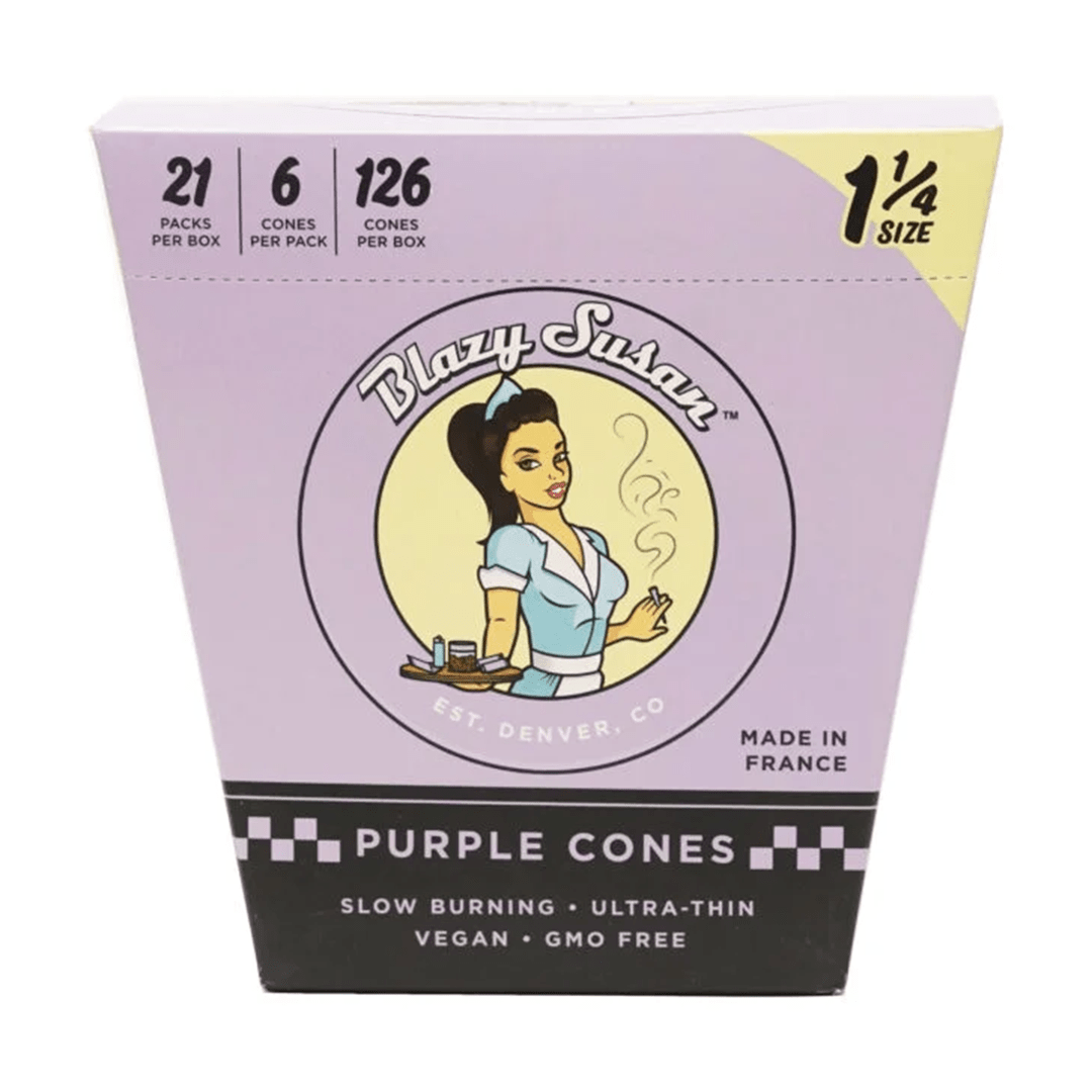 Front view of the Blazy Susan Purple Paper Cones packaging, showing quantity details and the cone size.