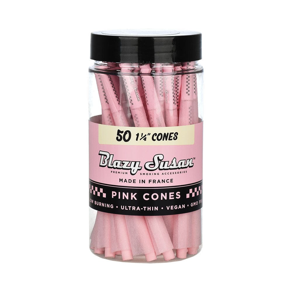 A stack of pink Blazy Susan Pre-Rolled Cones 50 Pack, displayed against a plain white background in a top-down view.