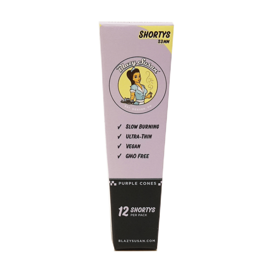 Front view of the Blazy Susan Purple Paper Cones packaging, highlighting the product name and cone count on a black background.
