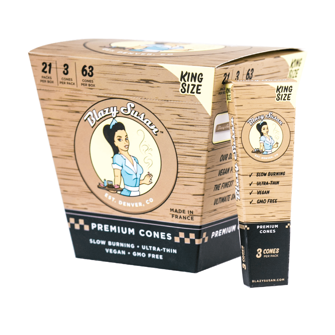 A close-up of the Blazy Susan Unbleached Paper Cones packaging, displaying a graphic design and product details in a vertical format.