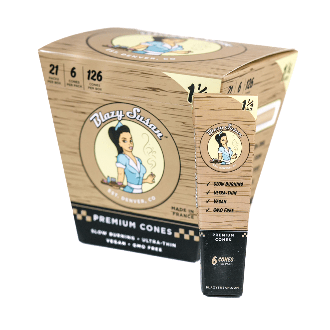Front view of Blazy Susan Unbleached Paper Cones packaging, displaying a graphic of a woman and cone count details.