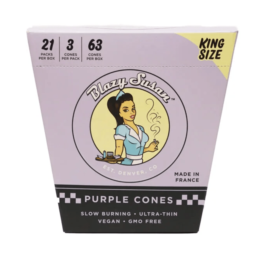 A close-up of the Blazy Susan Purple Paper Cones packaging, displaying “21 packs” and “63 cones” in white text against a purple background.