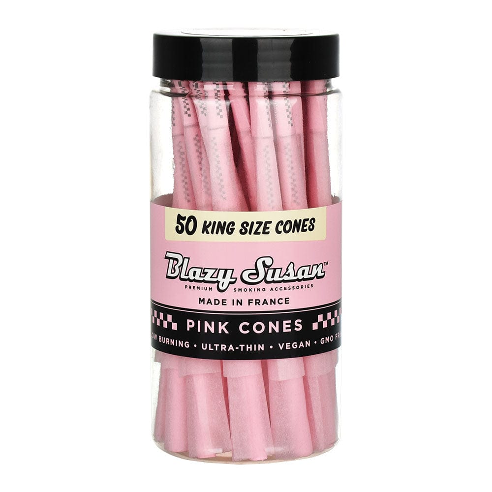 A stack of pink Blazy Susan Pre-Rolled Cones 50 Pack, displayed against a plain white background in a centered, eye-level shot.