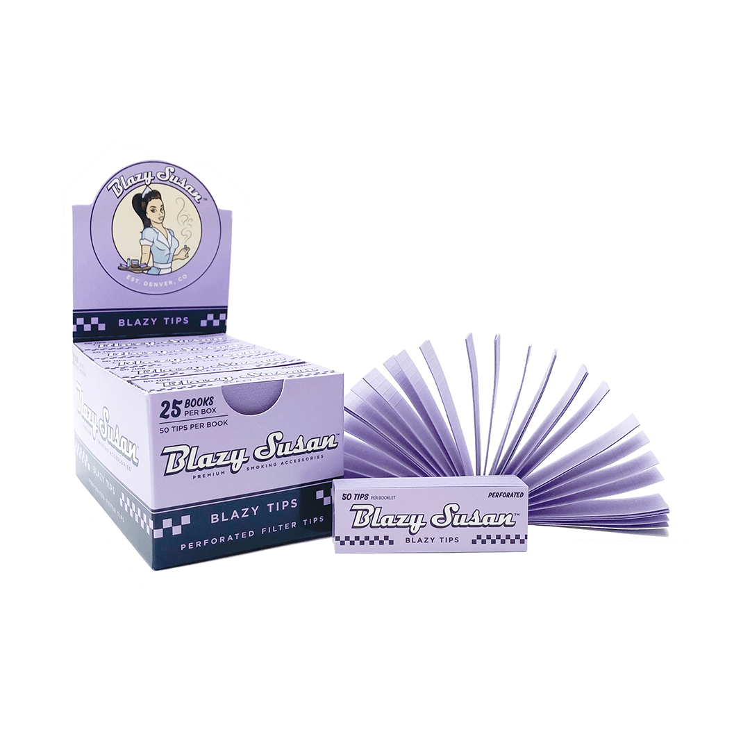 A close-up shot of the packaged Blazy Susan Filter Tips, stacked and displayed with branding on a white background.