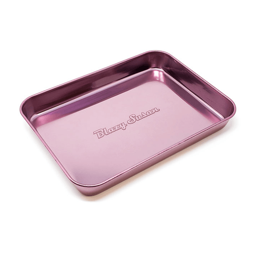 A high-angle view of the Blazy Susan Rolling Tray, showcasing its smooth, metallic surface against a plain white background.