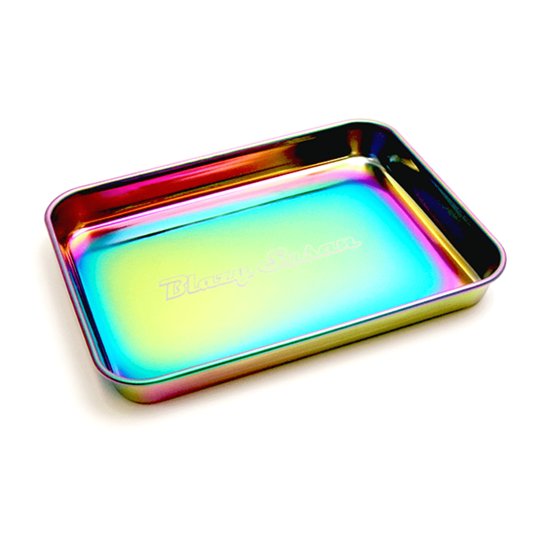 A top-down view of the Blazy Susan Rolling Tray, featuring a metallic silver finish and simple rectangular shape.