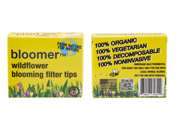 Close-up of bloomerâ„¢ plantable wax filter tips packaging, showing bold lettering and a minimalist design.