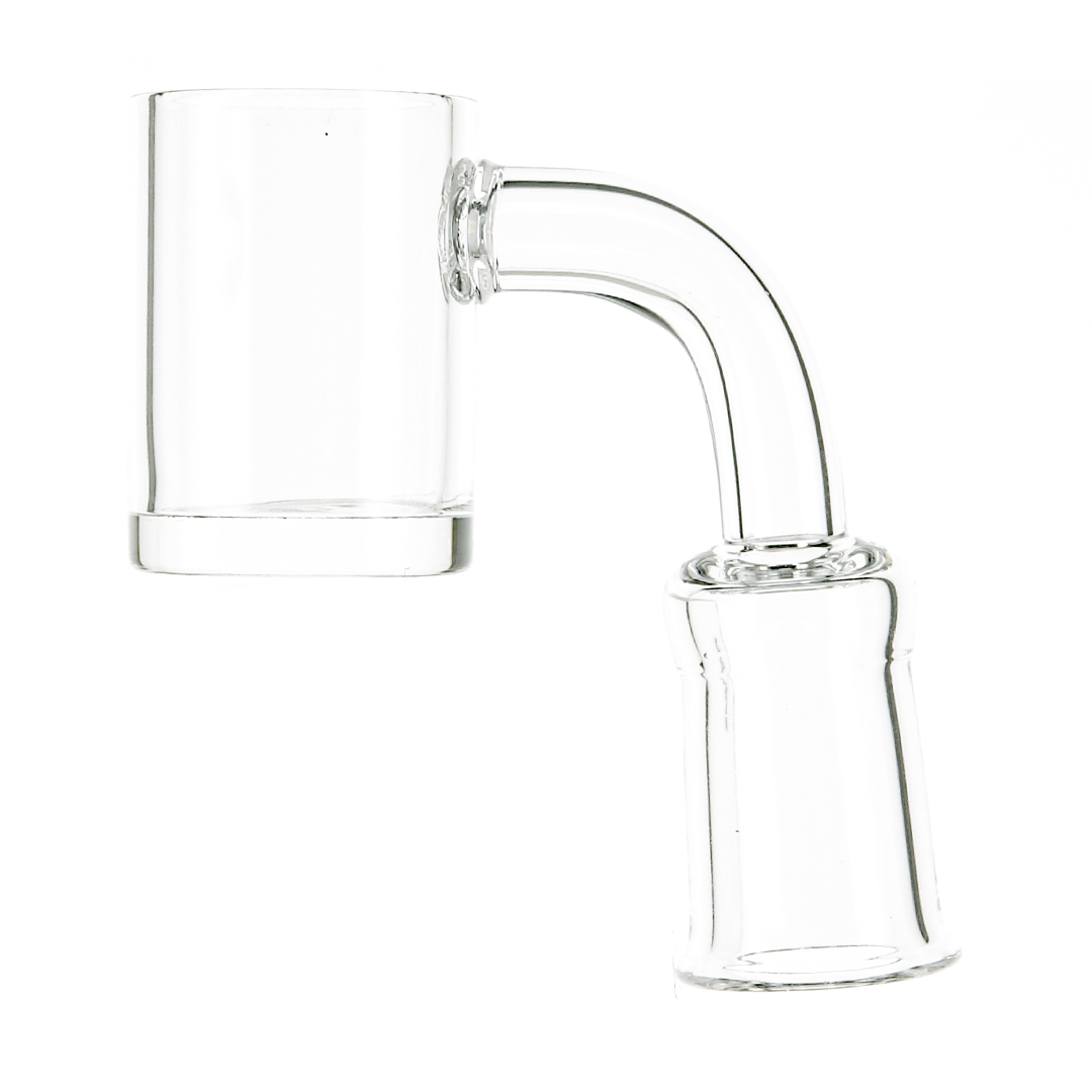 A close-up, angled view of the Blue Blood 14mm 90 Degree Banger, showcasing its clear glass construction.