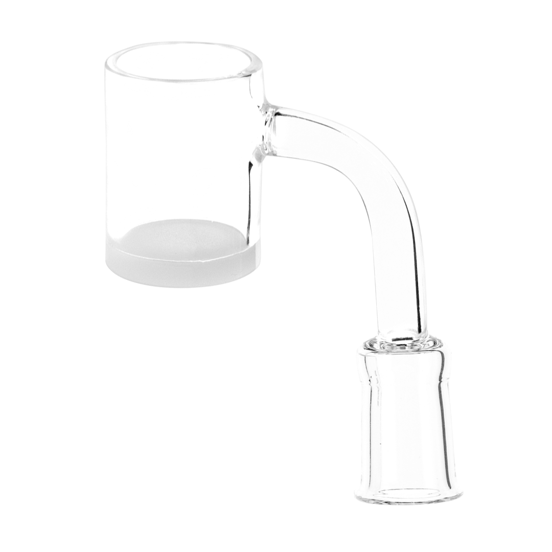 A close-up, angled view of the Blue Blood 14mm 90 Degree Banger, showing its clear glass construction and open top.