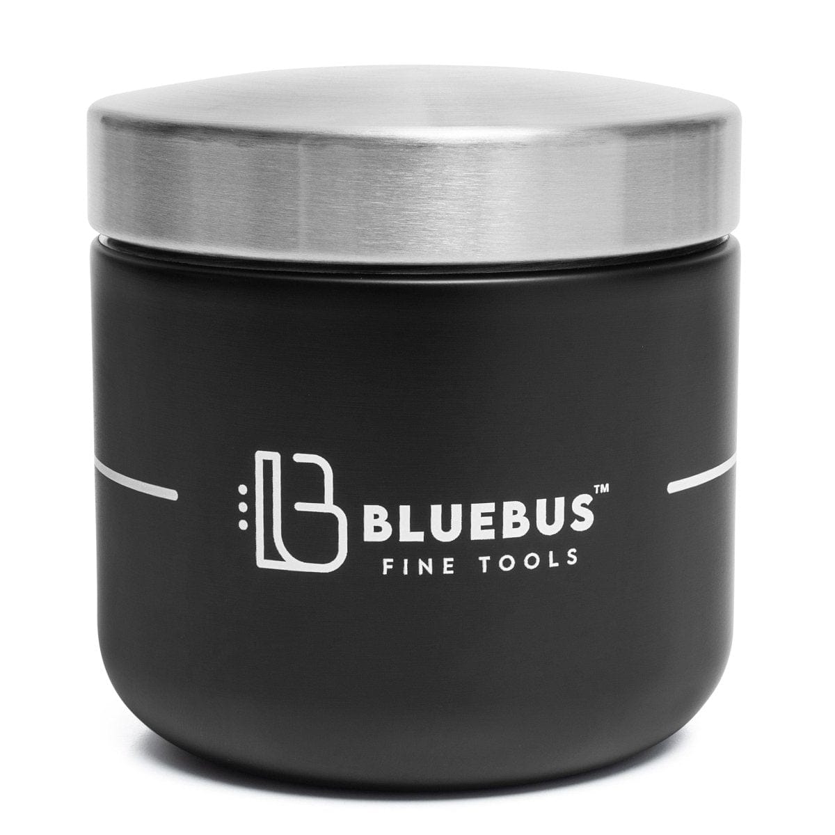 A close-up view of the Blue Bus BUNKER Airtight Stash Jar, showcasing its sleek, cylindrical shape and silver lid.