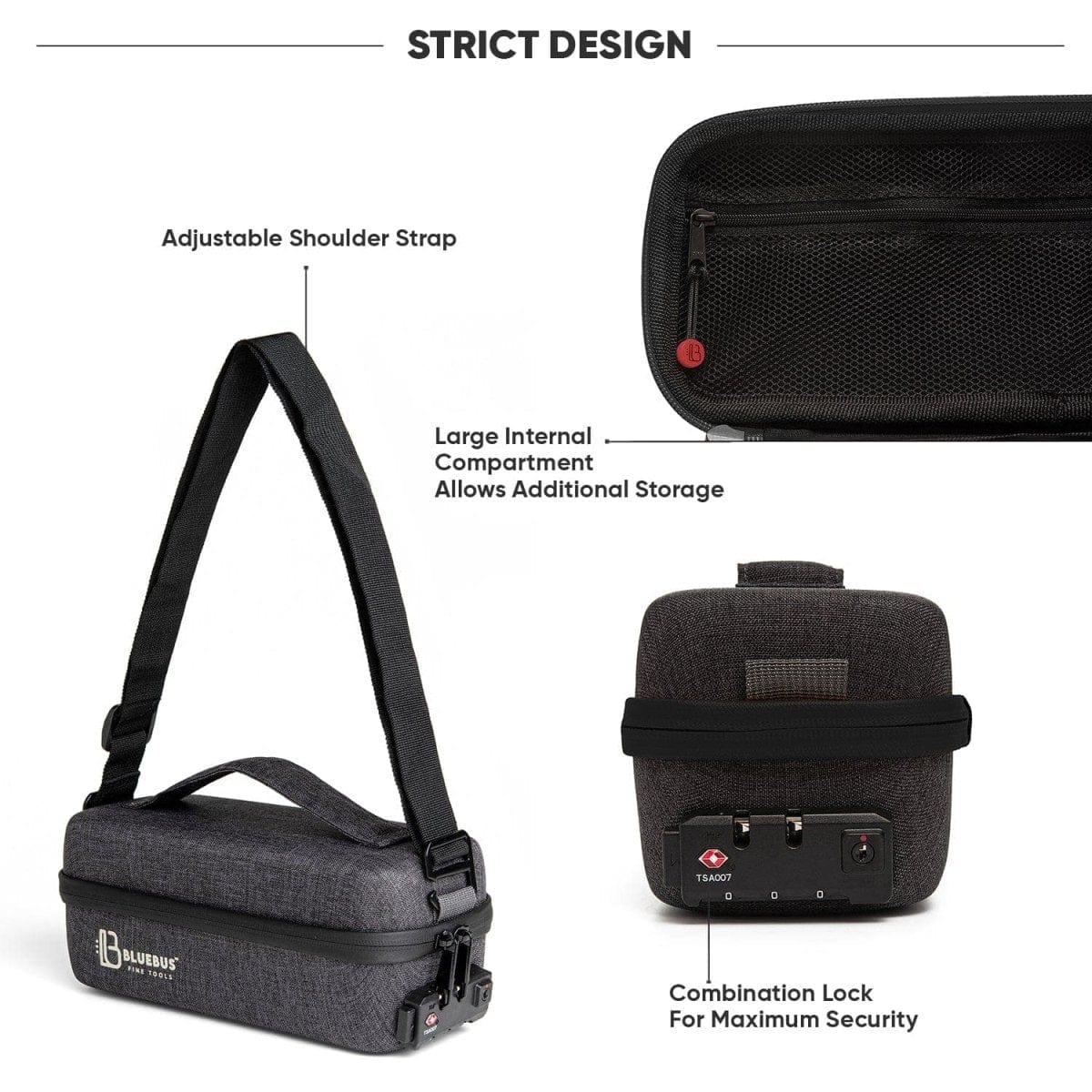 Front view of the Blue Bus BULLDOG Smell Proof Bag with a black strap and zipper, featuring a logo on the upper corner.