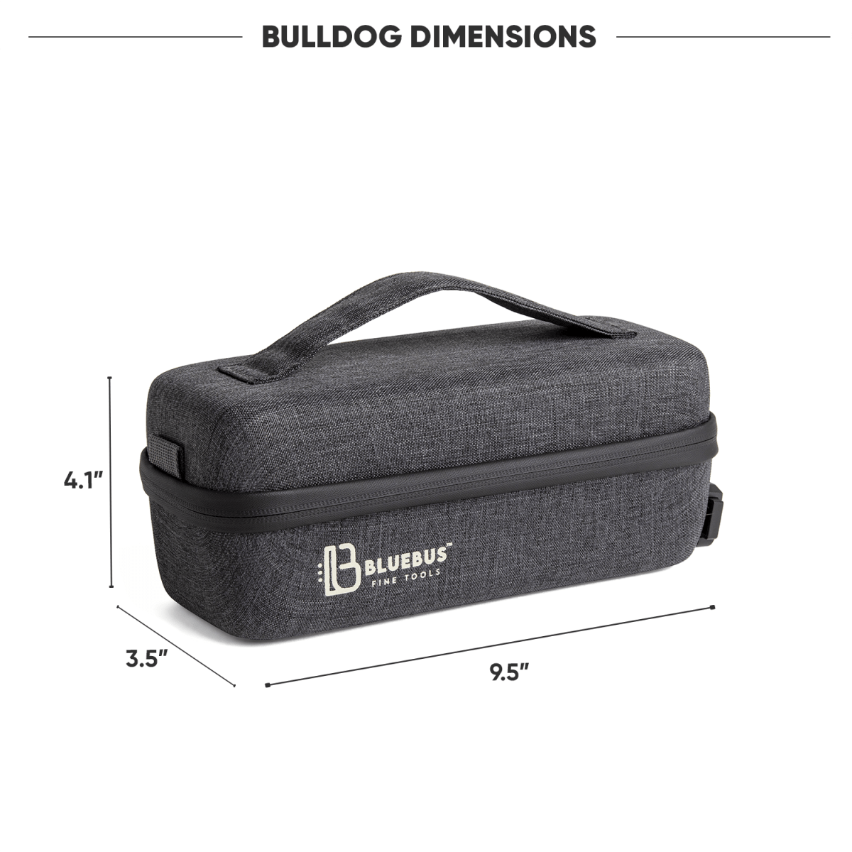 A diagram showing the dimensions of the Blue Bus BULLDOG Smell Proof Bag, with measurements labeled on its dark exterior.