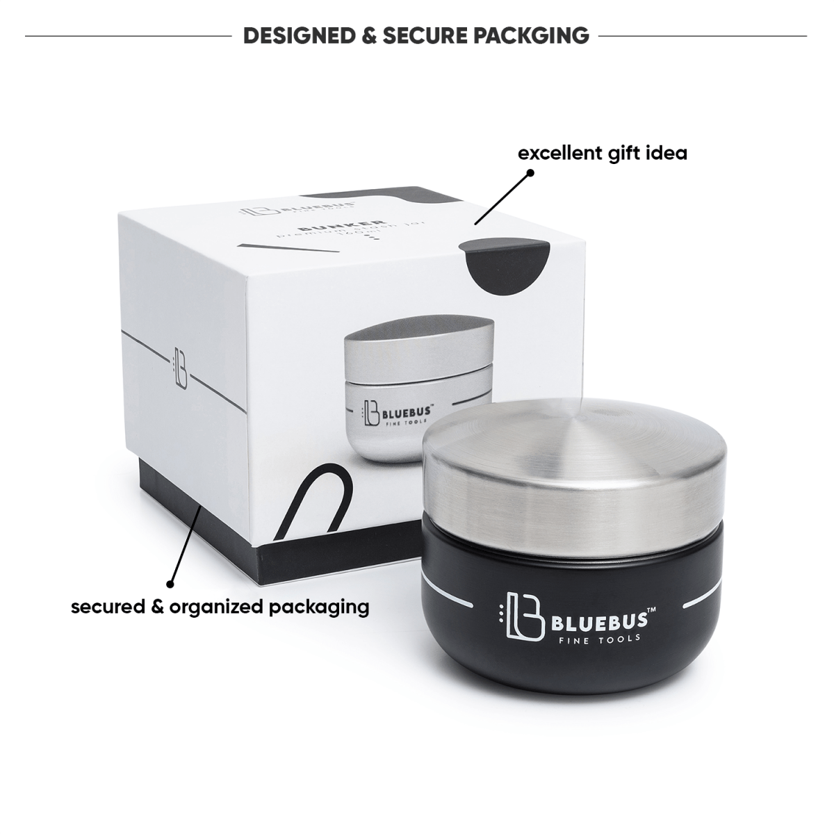 A close-up shows the branded packaging for the Blue Bus BUNKER Airtight Stash Jar, highlighting its sleek design.