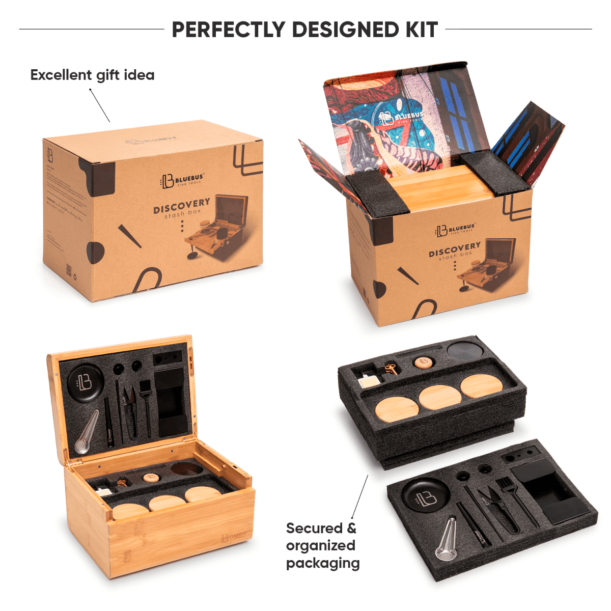 A top-down view of the open Blue Bus DISCOVERY Storage Box, revealing its organized interior and branded packaging.