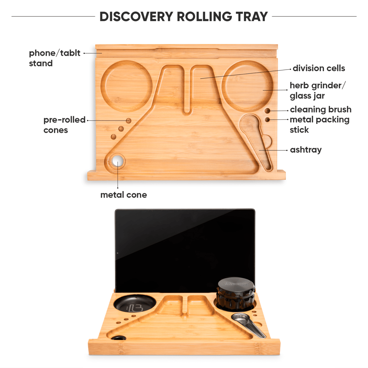A slightly angled overhead shot of the Blue Bus DISCOVERY Storage Box with a wooden finish, displaying several small glass jars and compartments.