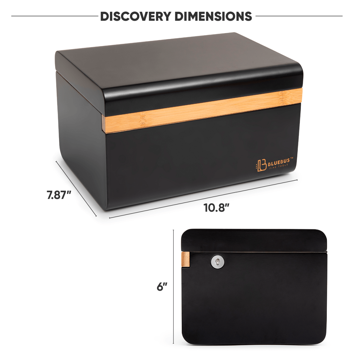 Front view of the Blue Bus DISCOVERY Storage Box with dimensions displayed, presented on a plain white background.