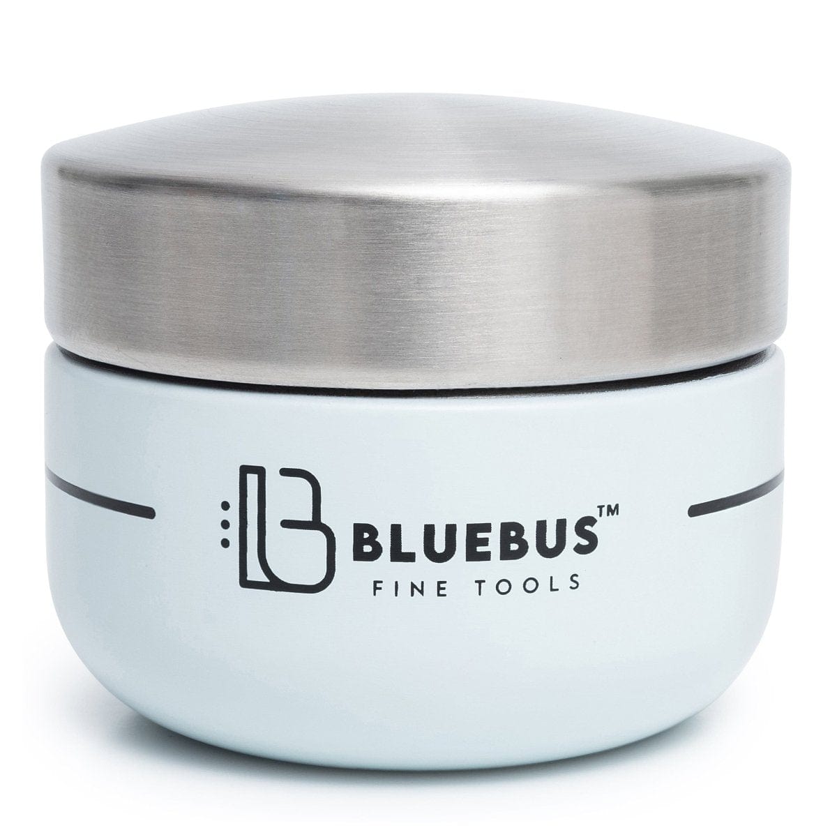 A slightly angled close-up of the Blue Bus BUNKER Airtight Stash Jar, showcasing its metallic finish and compact size.