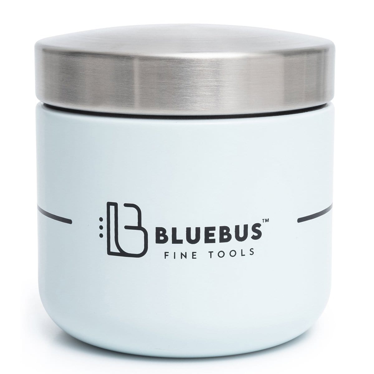 Front view of the Blue Bus BUNKER Airtight Stash Jar, a silver container with a smooth, reflective surface.