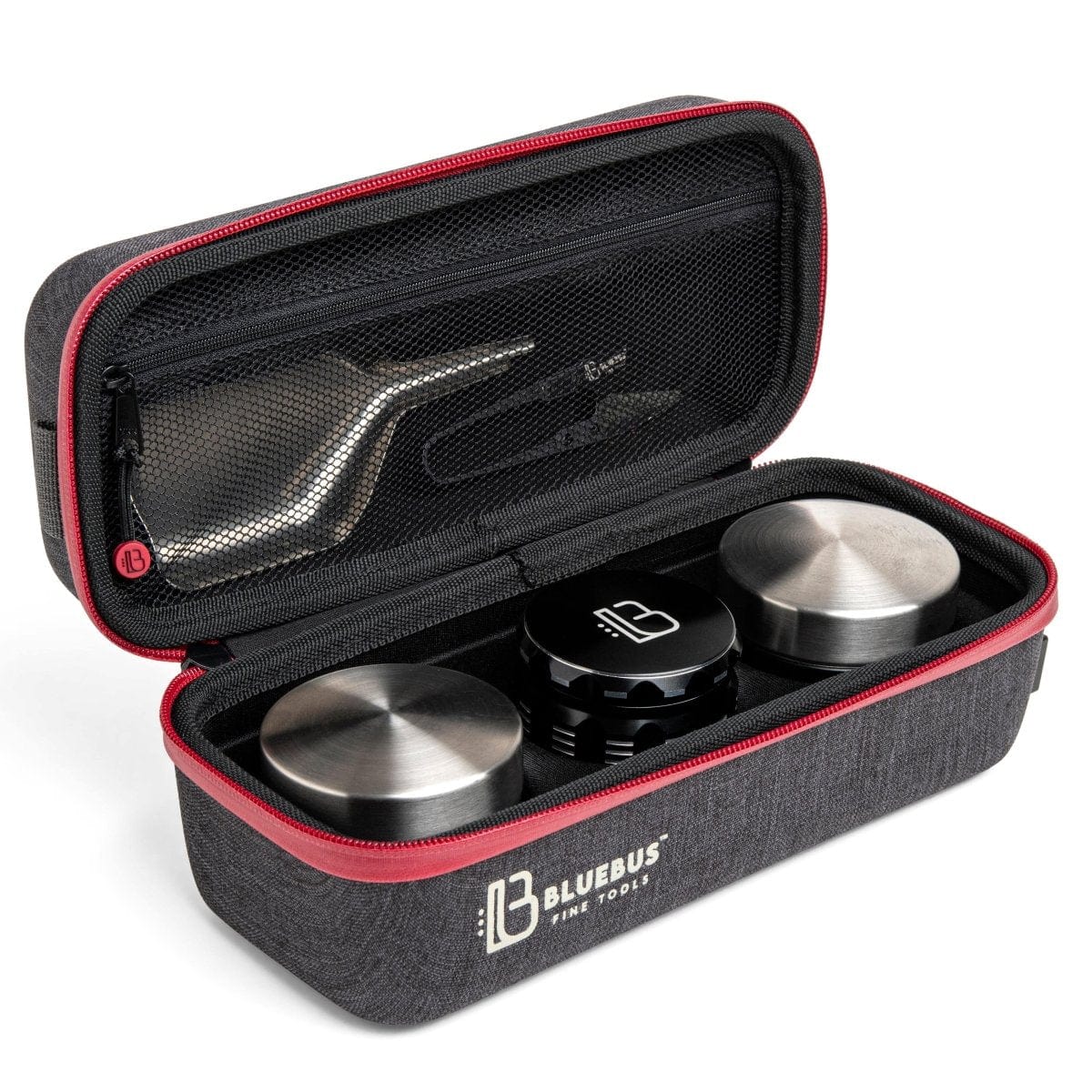 The open Blue Bus BULLDOG Smell Proof Bag displays a dark interior with a visible zipper closure and branded logo.