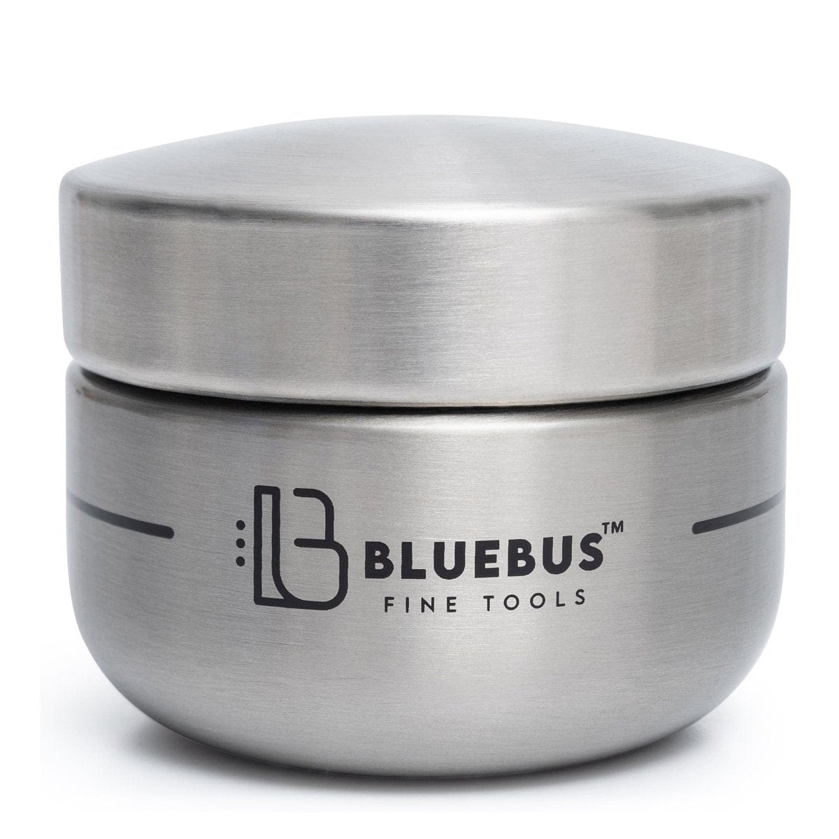 A close-up of the Blue Bus BUNKER Airtight Stash Jar, featuring a sleek, metallic finish and minimalist design.