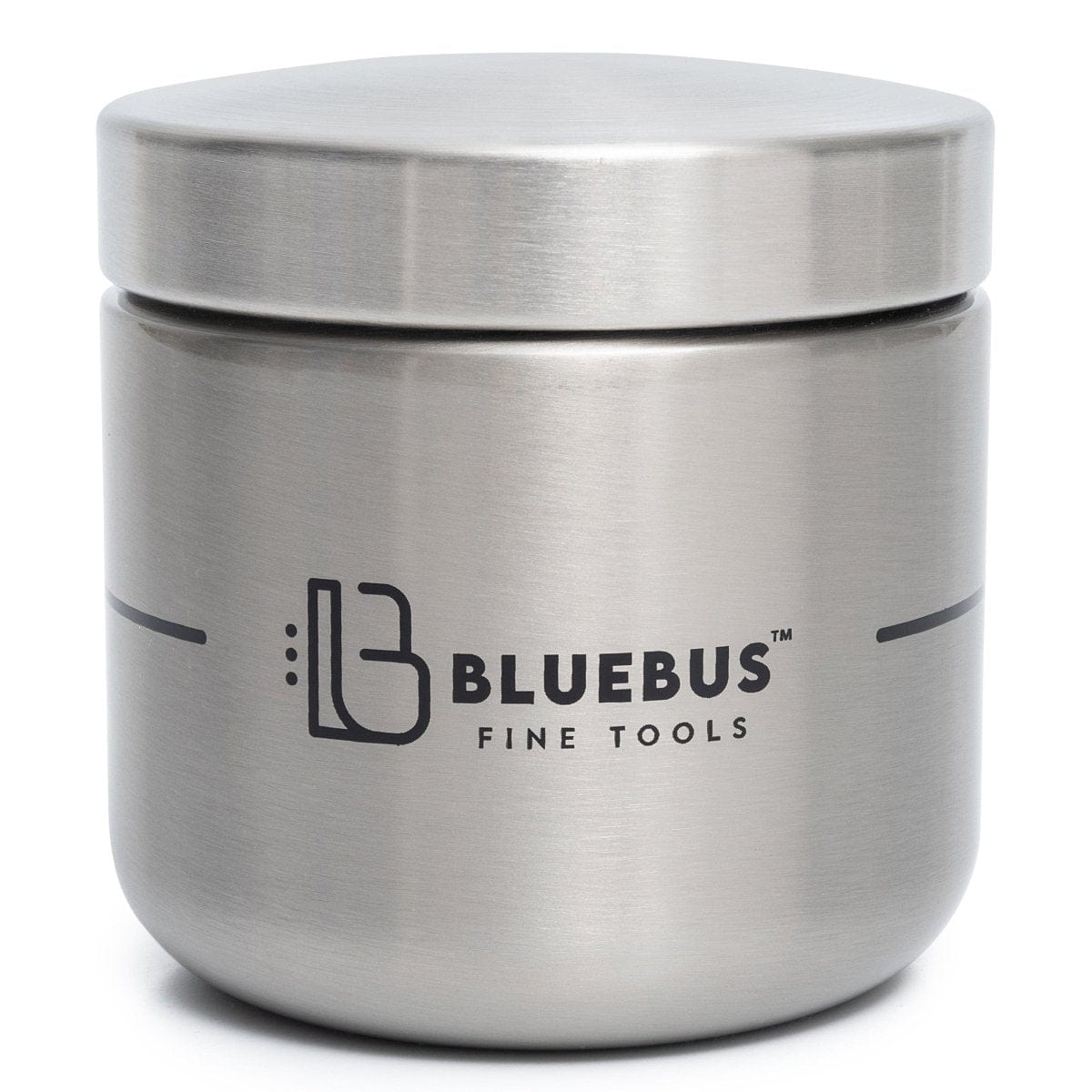 A straightforward studio shot of the Blue Bus BUNKER Airtight Stash Jar, showing its cylindrical shape and reflective surface.