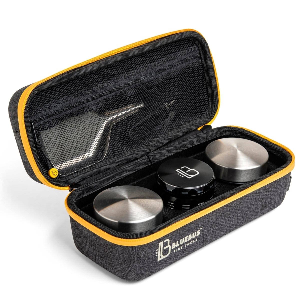 A close-up, angled view of the closed, dark grey Blue Bus BULLDOG Smell Proof Bag, displaying its zipper and subtle branding.