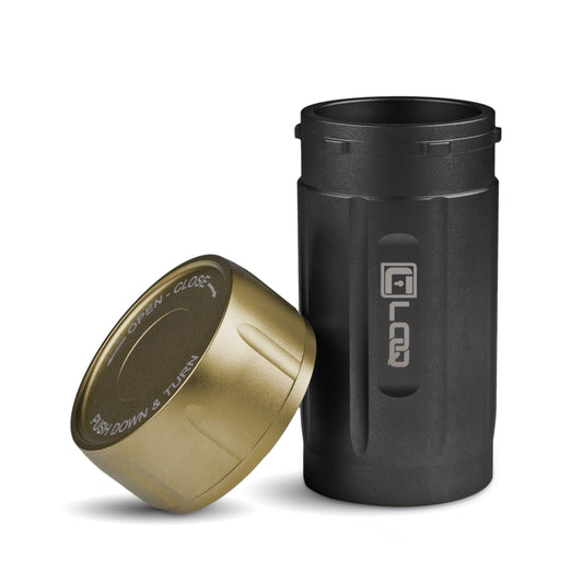 Canniloq TXD120BT Premium Herb Storage Canister, 120 CC, Zytel, Black Body, Tan Cap