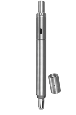 A straight-on view of the Boundless Terp Pen, featuring a sleek silver design and detached mouthpiece.