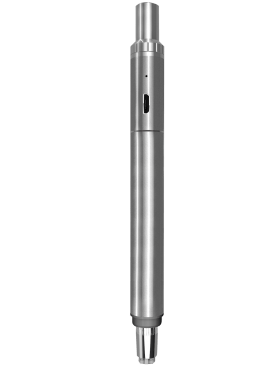 Front view of the Boundless Terp Pen, a silver vaping device with a sleek cylindrical shape and a subtle mouthpiece detail.