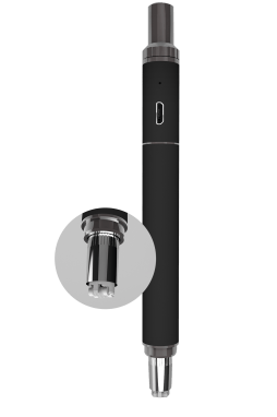 A straight-on view of the Boundless Terp Pen, a sleek, black pen-style vaporizer with a visible metallic tip.