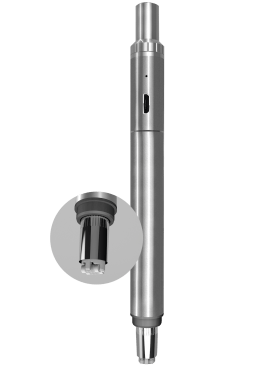 Front view of the Boundless Terp Pen, a silver-toned device with a sleek, cylindrical shape and a visible mouthpiece.