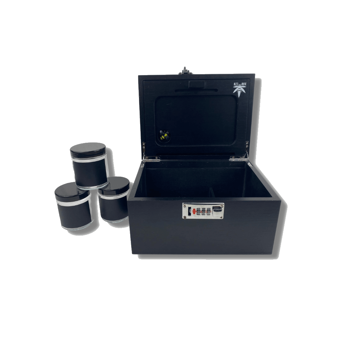 A top-down view of the Large Black Bamboo Bzz Box surrounded by three small, matching black containers on a plain white surface.