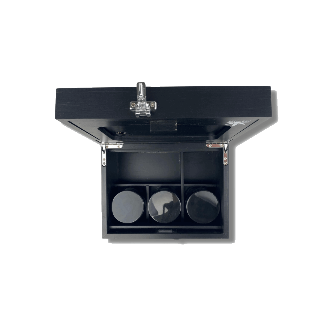 Top-down view of the open Large Black Bamboo Bzz Box, revealing a divided interior with dark compartments.