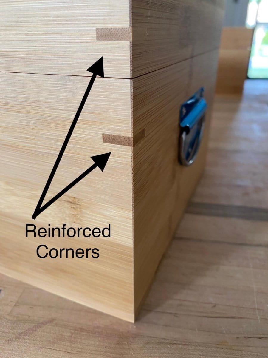 Close-up of the XL Bamboo Bzz Box with a side view highlighting its smooth, wooden construction.