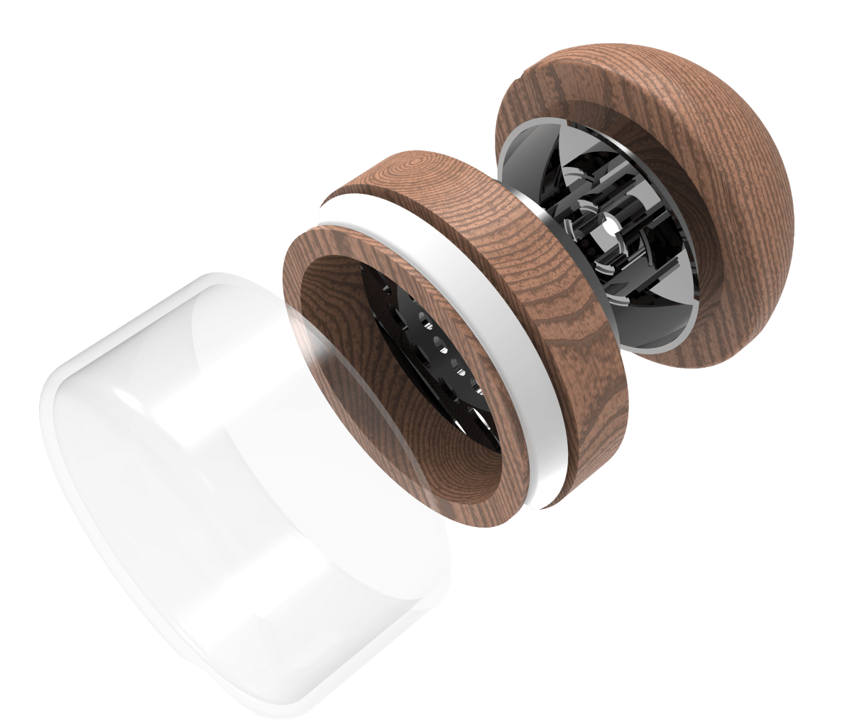 Angled exploded view of The Bzz Glass Grinder showing wood-textured top and middle rings, visible metal teeth, and a translucent glass collection cup
