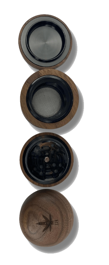 Top-down view of The Bzz 4 Piece Grinder, showcasing its four stacked metal grinding sections.