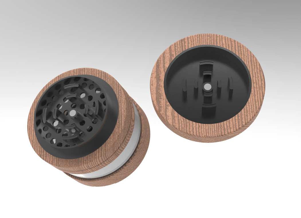 A two-piece view of The Bzz 4 Piece Grinder, displaying the textured metal grinding surfaces against a neutral gray background.
