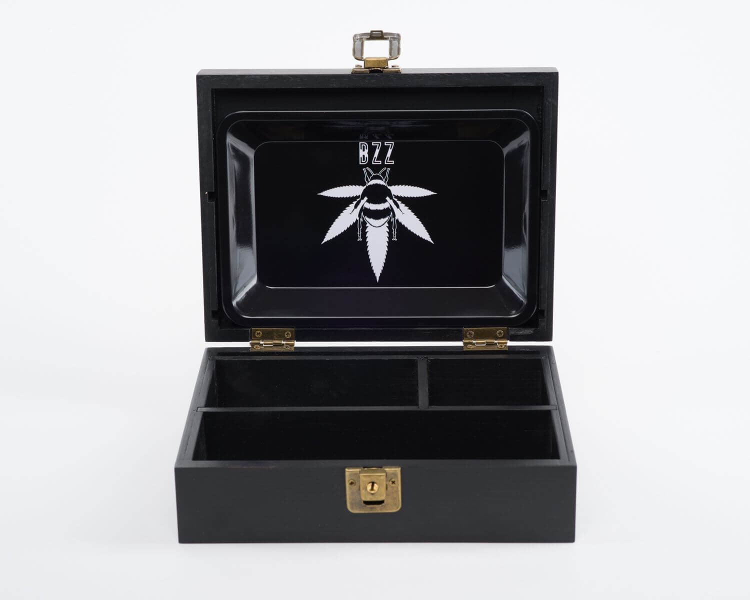 An open, rectangular The Bzz Box Stash Box Collection, showcasing a dark interior and smooth, glossy finish.