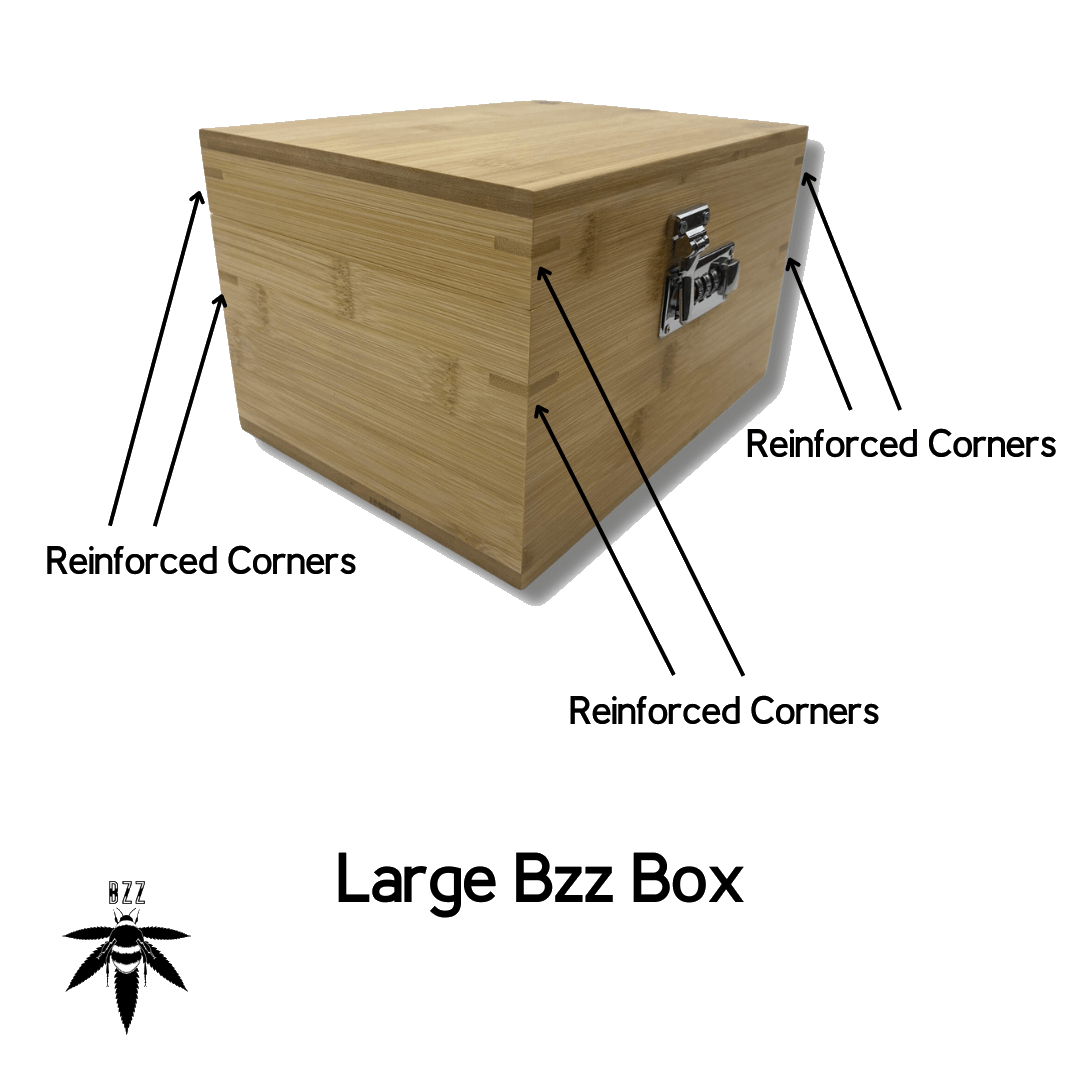 The Bzz Box Stash Box Collection – a close-up, angled view of the wooden box with a visible latch.