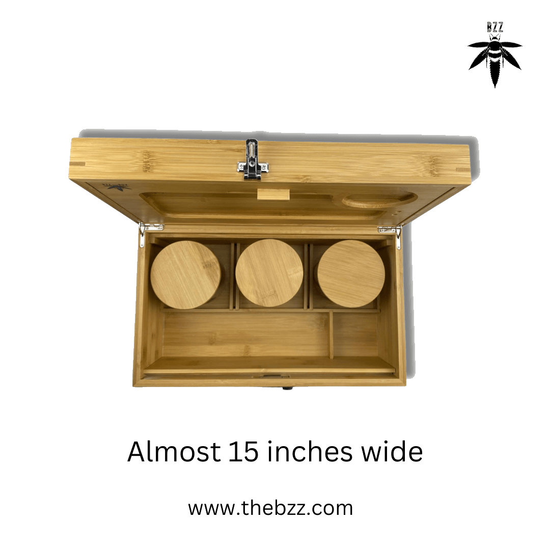The Bzz Box Stash Box Collection—three open boxes in XL, large, and small sizes—are displayed from a top-down perspective.