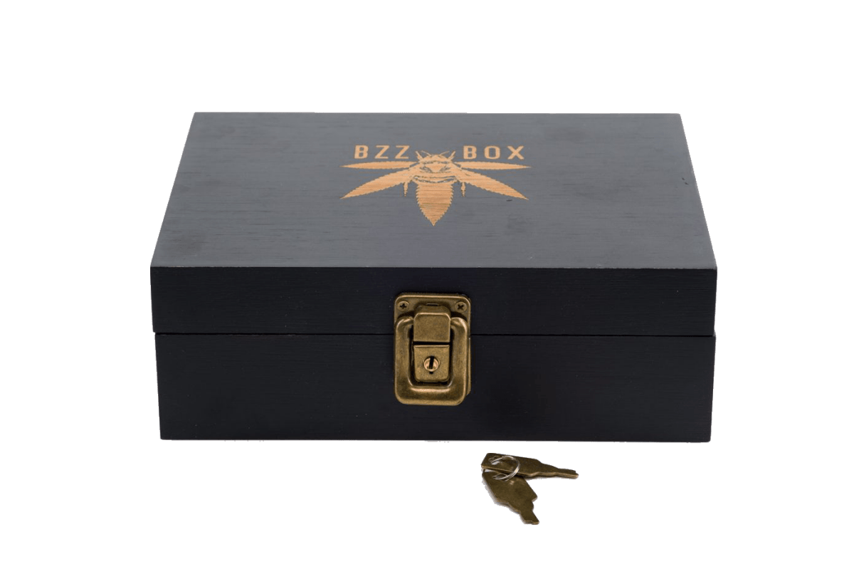 Front view of The Bzz Box Stash Box Collection, a dark wooden box with a metallic lock and key.