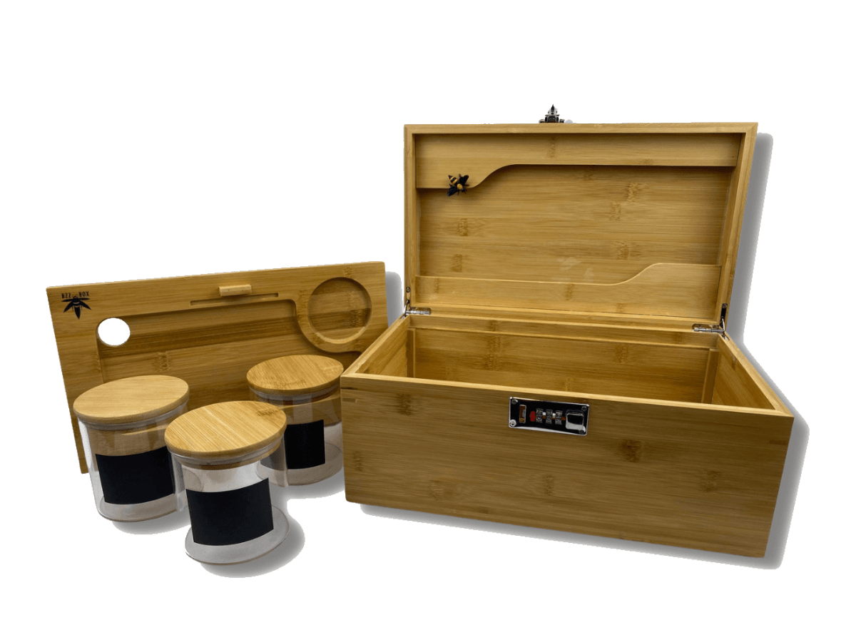 A top-down view of The Bzz Box Stash Box Collection, showing three wooden boxes in varying sizes arranged on a white surface.