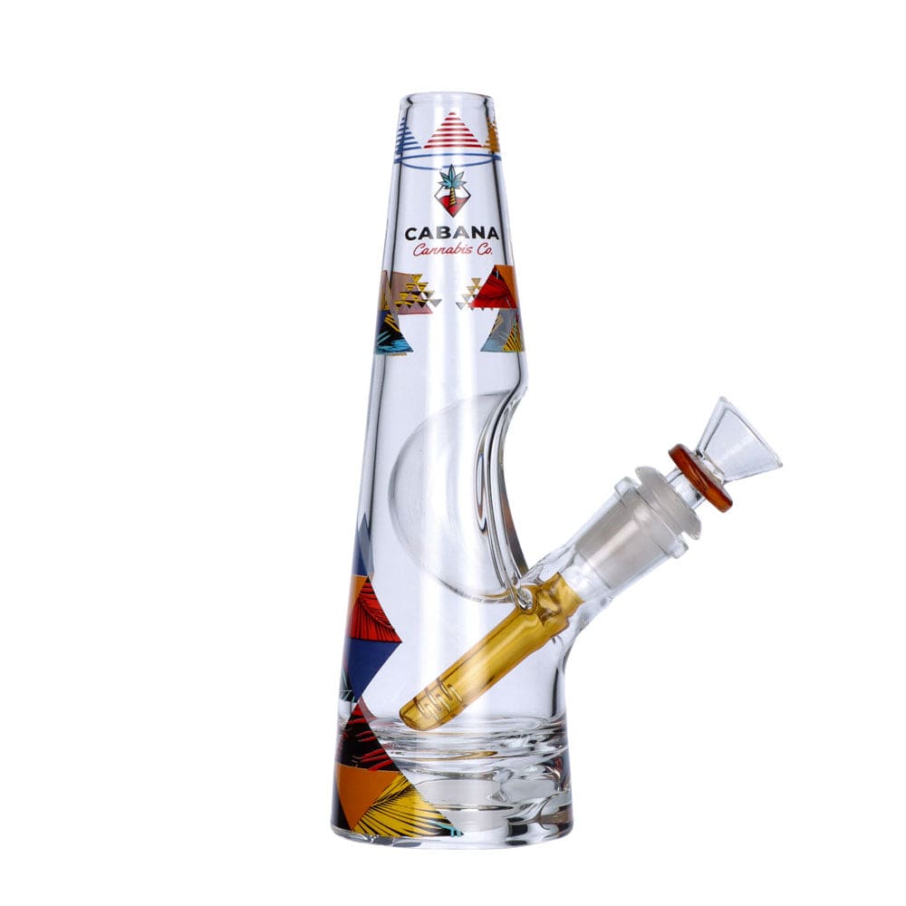 A close-up shot of The Sunrise Water Pipe, showcasing its clear glass construction and uniquely angled joint.