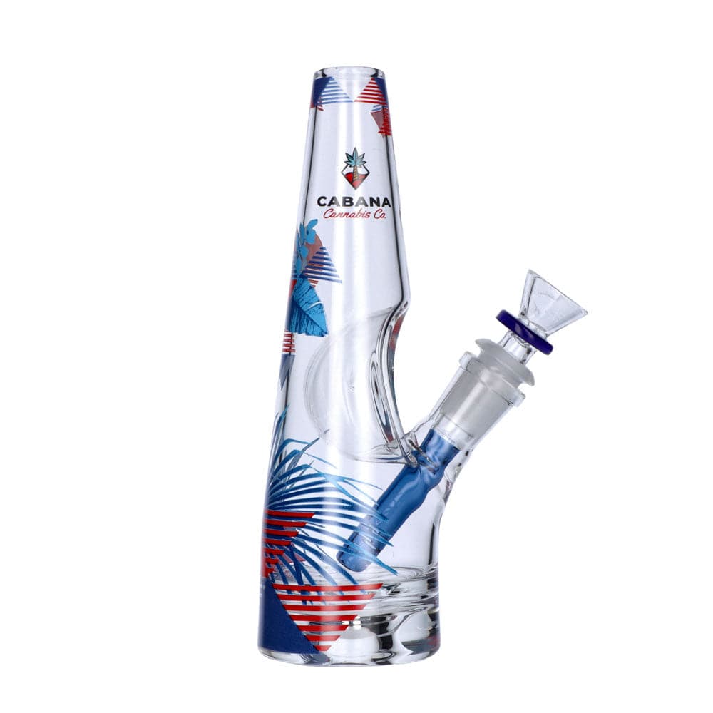 The Sunrise Water Pipe, a clear glass piece, is shown in a studio shot with a unique, patterned design.