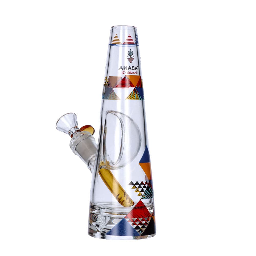 Front view of The Sunrise Water Pipe, a clear glass pipe with colorful geometric designs and a rounded mouthpiece.