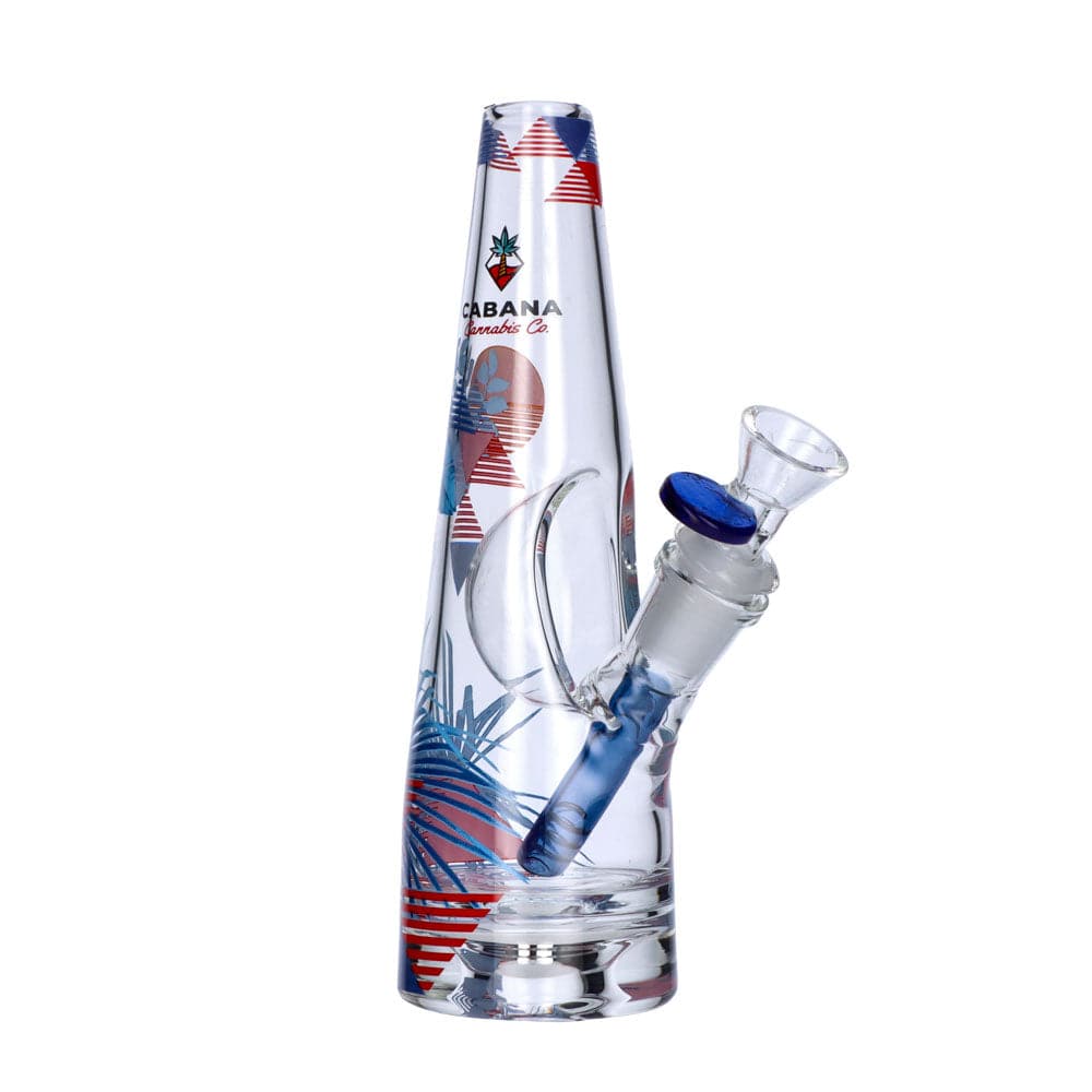The Sunrise Water Pipe is displayed in a studio shot, highlighting its clear glass construction and unique angled design.