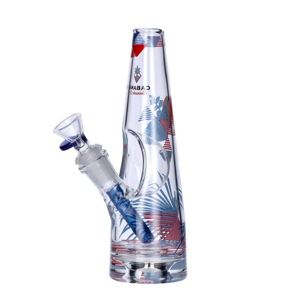 Front view of The Sunrise Water Pipe, a clear glass pipe with colorful, wavy designs and a wide base.